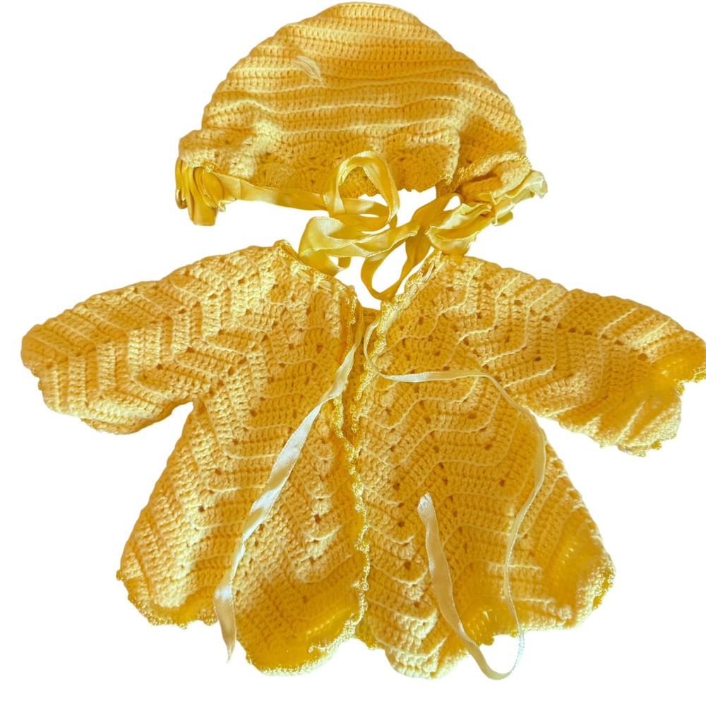 Handmade Crochet Baby Sweater & Bonnet Set Yellow Chevron Knit Baby Doll XS